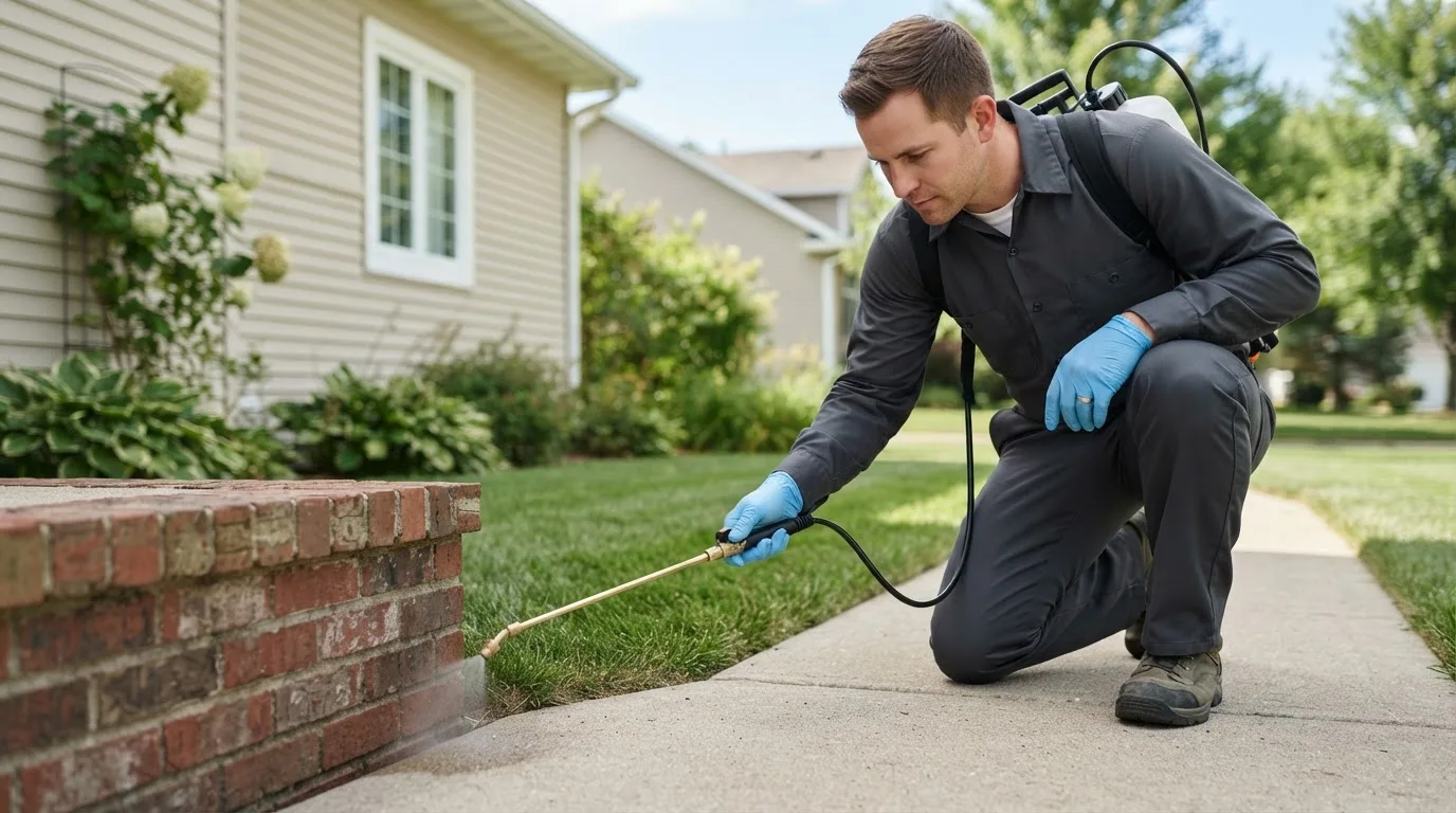 Pest control technician treating a home near Pinconning, MI
