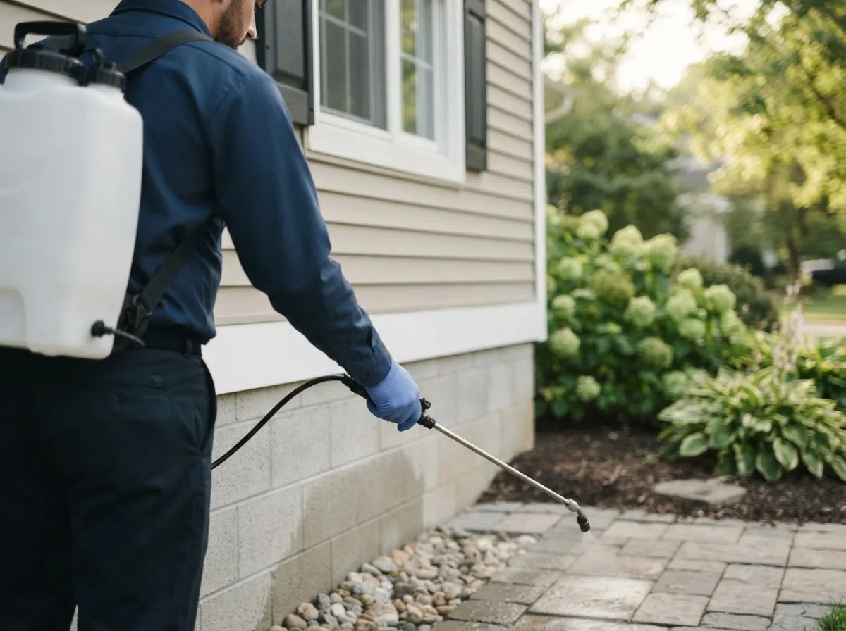 Pest control technician inspecting a home in Pinconning, MI